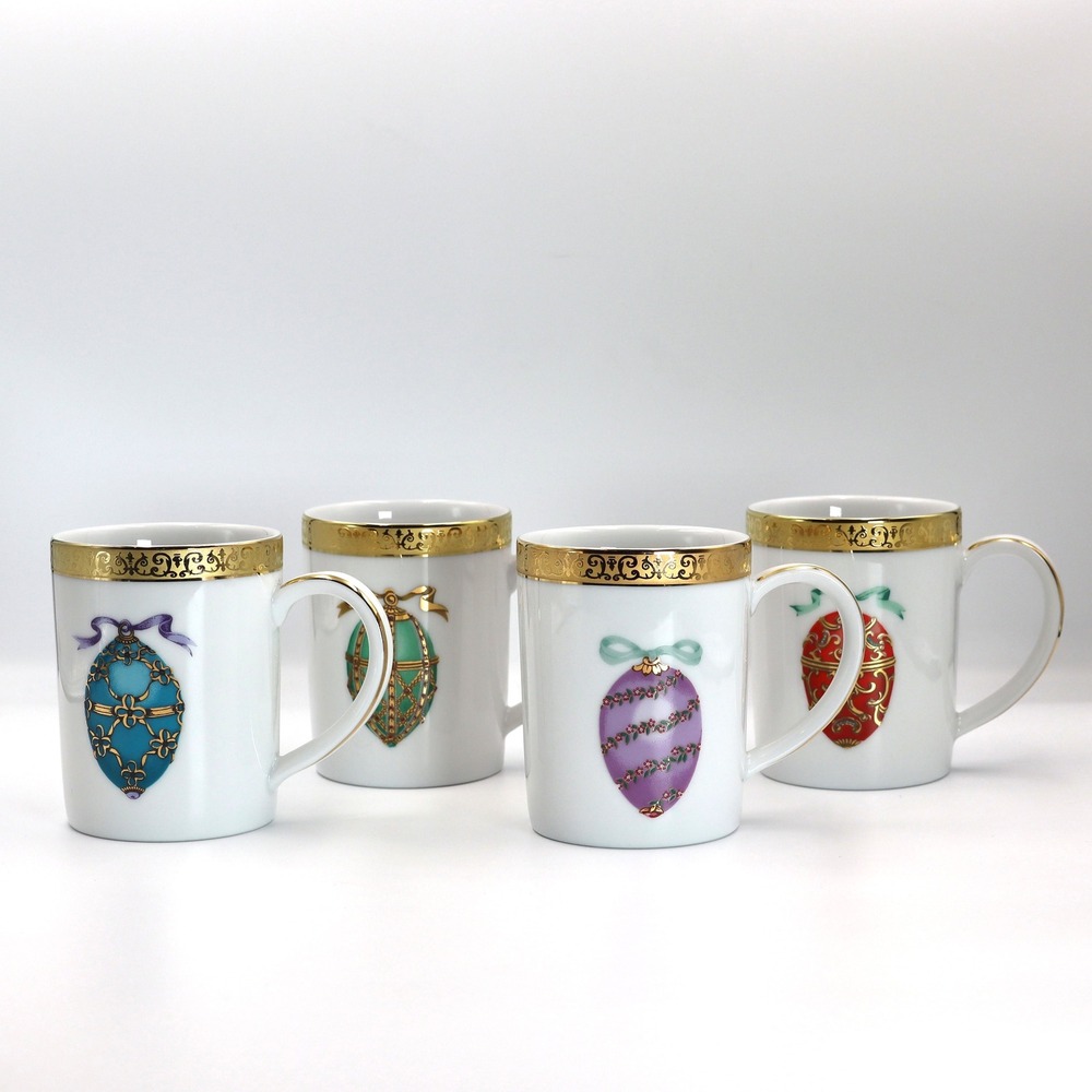 Royal Gallery Mugs Set of 4 White Gold Faberge Egg Vintage 1991 Holiday Dining